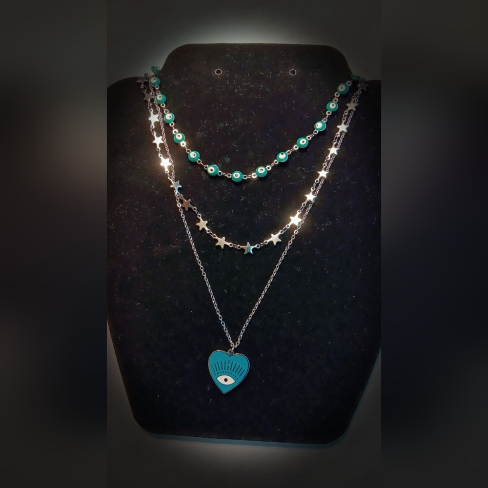 Stainless steel silver w/ baby blue necklace (trio)